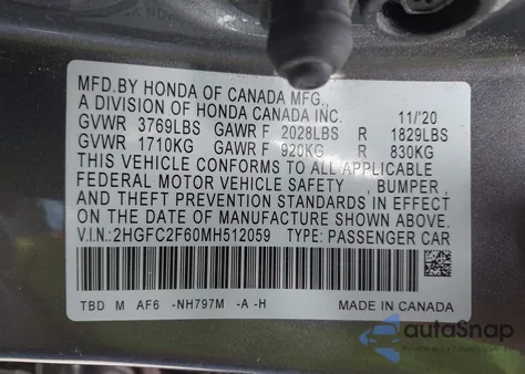 2021 Honda Civic Lx из США, поврежденный, VIN 2HGFC2F60MH512059